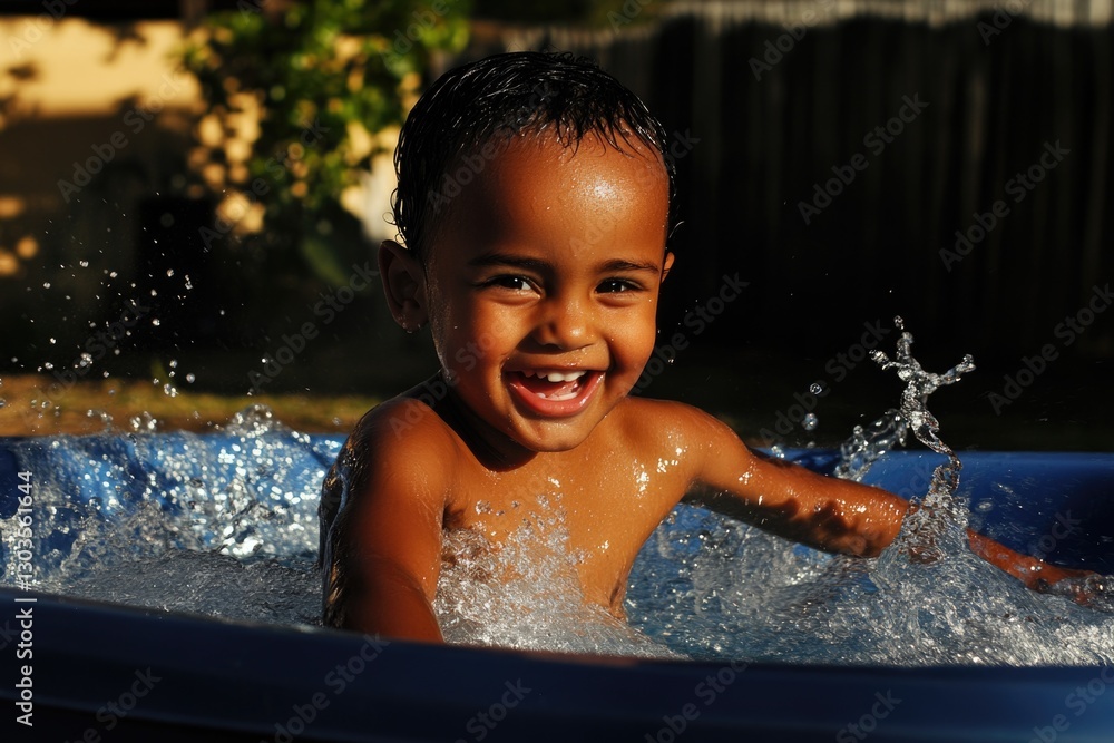 Fototapeta premium Smiling african child playing in water tub outside on sunny day