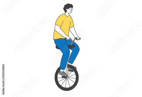 Monocycle vectors, A flat illustration features a mime riding a monocycle, presented in a clean and modern design. This unicycle vector icon represents an urban mode of transport, combining leisure.