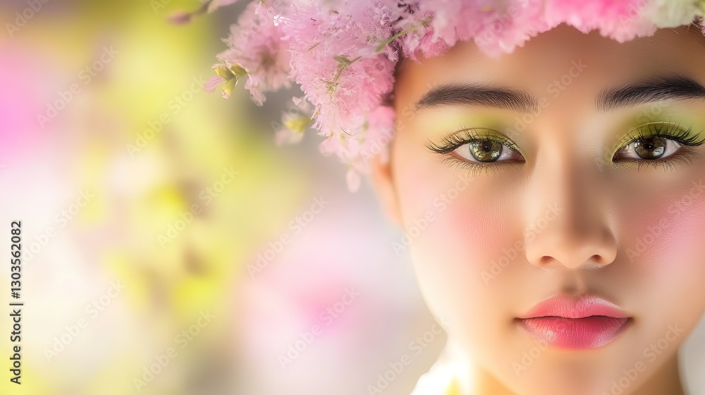 goddess like pretty dreamy portrait of a young Asian woman wearing flower crown with bokeh light background, macro eyes portrait goddess like pretty dreamy portrait of a young Asian woman wearing flower crown with bokeh light background, macro eyes portrait