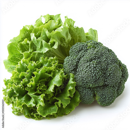 Crisp broccoli and lettuce in high resolution for detailed visual representation, set on a white background.