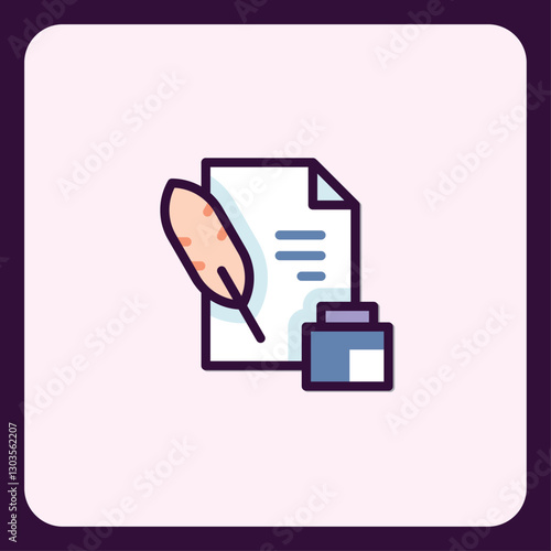 Feather pen, inkwell and document icon design for creative writing