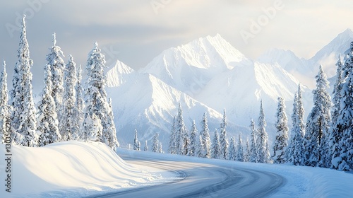  A snow-covered road amidst snowy mountains with towering snow-clad trees on either side