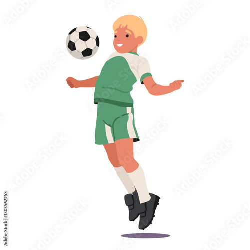 Little sportive boy football player character kicking soccer ball with chest isolated on white