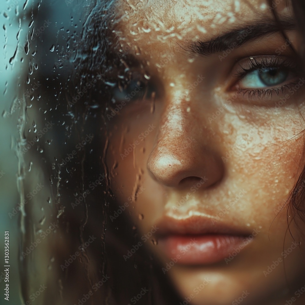 Close-up of a woman with raindrops on glass, conveying a sense of contemplation in a rainy atmosphere Close-up of a woman with raindrops on glass, conveying a sense of contemplation in a rainy atmosphere