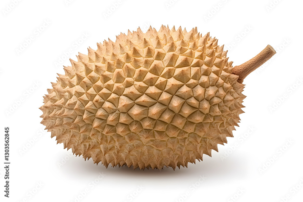 Close-up of a durian fruit, showcasing its spiky exterior and stem. The durian is a large, pungent fruit known for its distinctive smell and unique taste. Close-up of a durian fruit, showcasing its spiky exterior and stem. The durian is a large, pungent fruit known for its distinctive smell and unique taste.