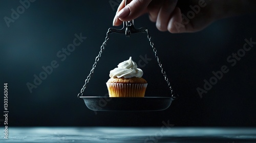   Person holding cupcake on scale with whipped cream frosting on top