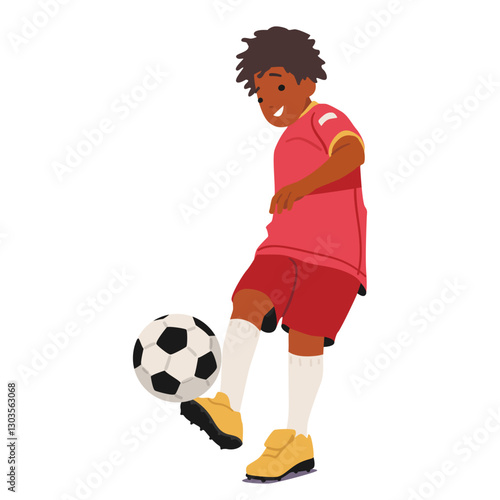Boy playing football game kicking soccer ball ruining fast to score goal into gate isolated on white