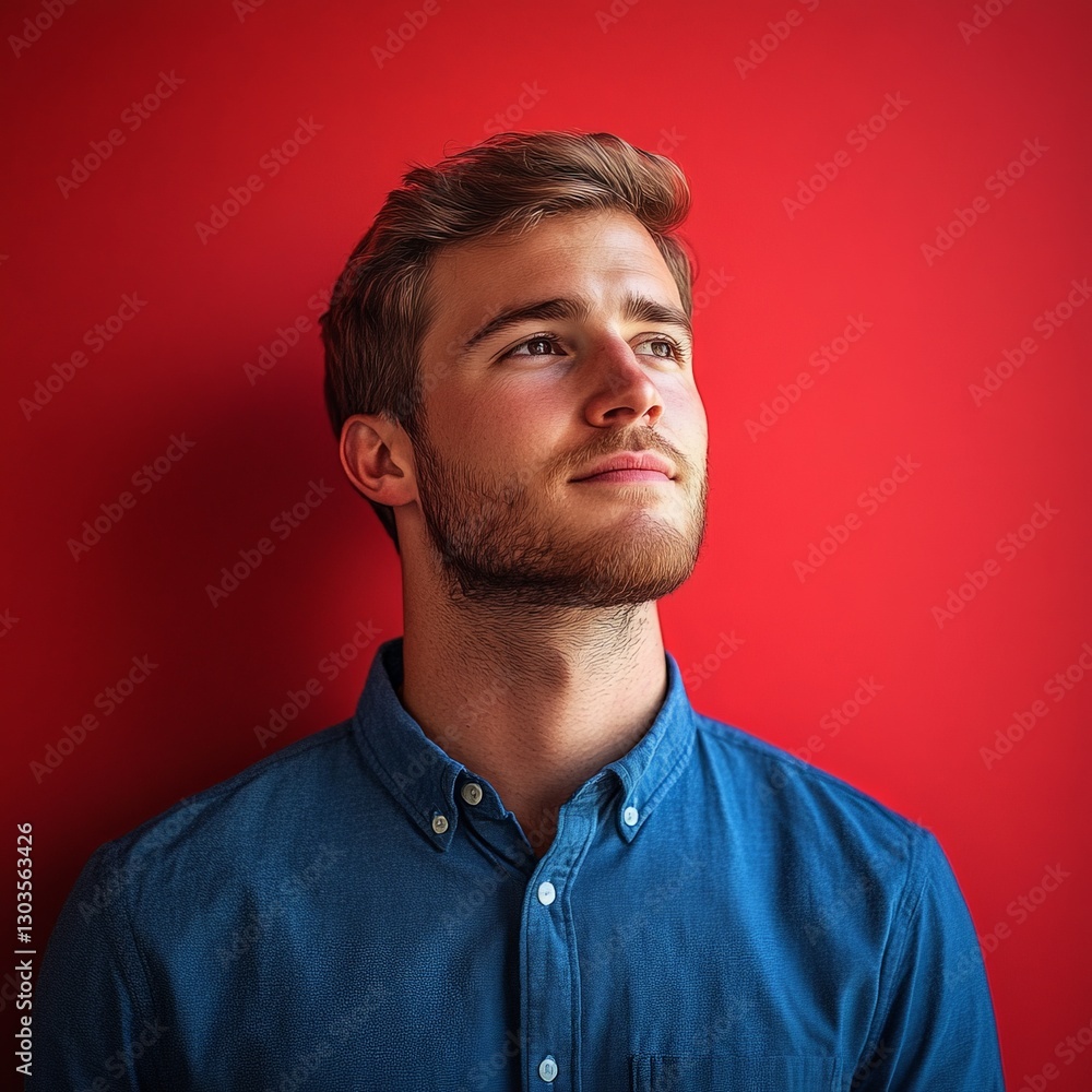 Obraz premium Young man in a blue shirt contemplates against a vibrant red wall in a bright indoor space