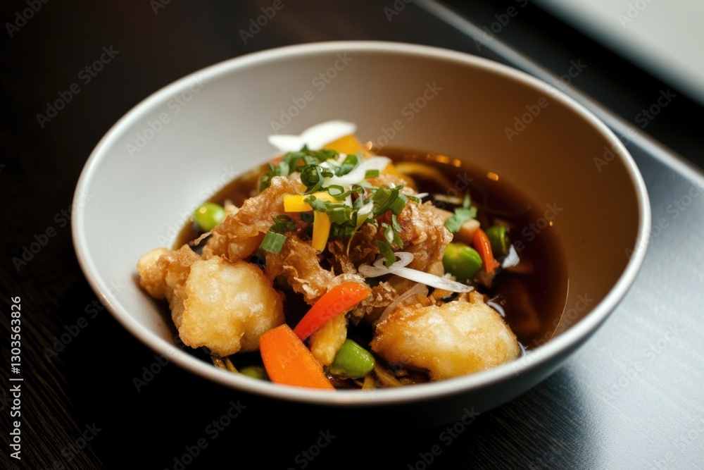 Bowl of tempura udon with vegetables and scallions in rich broth Bowl of tempura udon with vegetables and scallions in rich broth