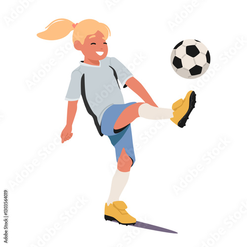 Happy innocent girl football player character kicking soccer ball feeling fun and rejoicing success
