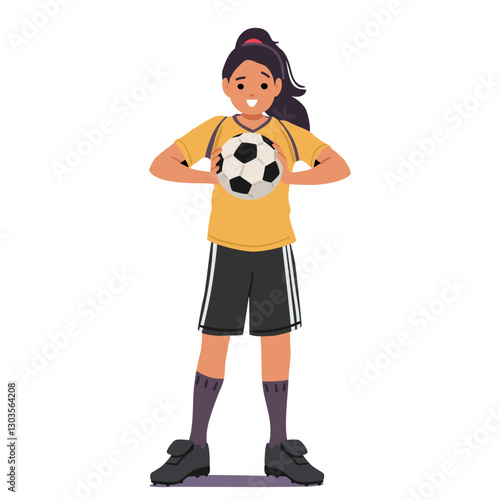 Happy smiling teenage girl football player cartoon character posing with soccer ball in hands
