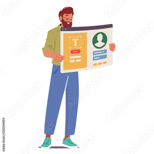 Man programmer testing social media user interface and UI, UX software vector illustration