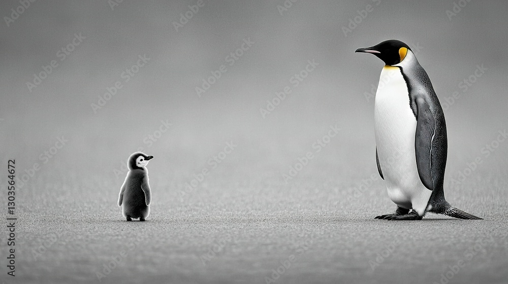 Obraz premium A monochrome image of two penguins huddled together against a gray backdrop