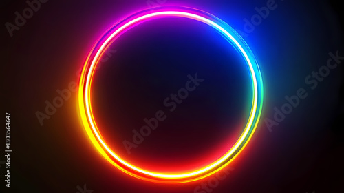 A vibrant rainbow neon circle glowing against a black background. Light - Lantern. Illustration