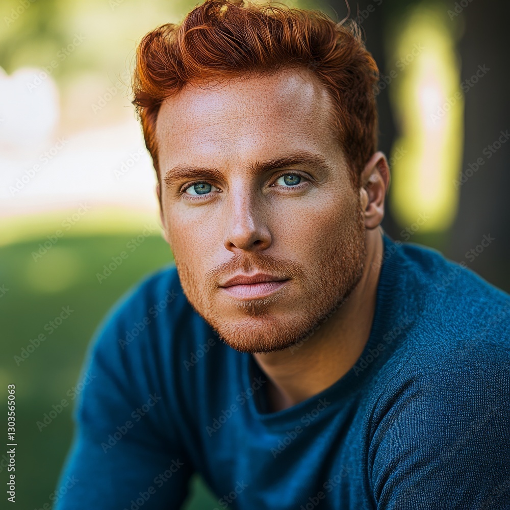 Fototapeta premium Young man with red hair and blue eyes sitting outdoors in a relaxed pose during sunny weather