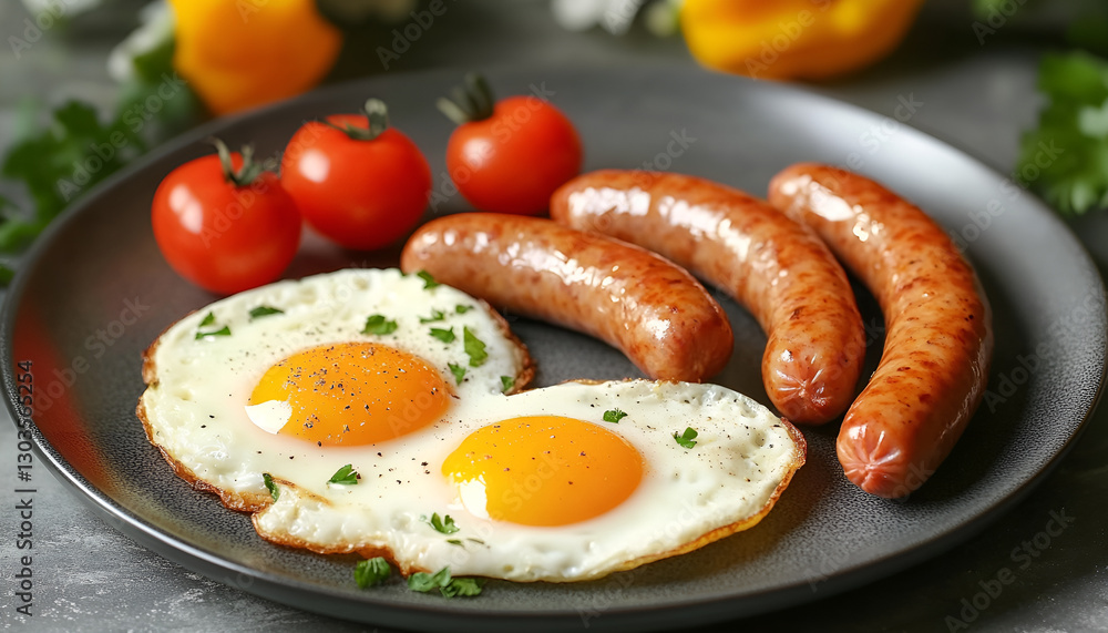Delicious breakfast with heart shaped fried eggs and sausages on dark gray table Delicious breakfast with heart shaped fried eggs and sausages on dark gray table