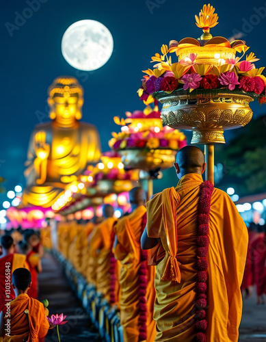 Vesak product display background podium, traditional Vesak procession at night, monks in saffron robes carrying golden lanterns, laypeople offering incense and lotus flowers, Buddha statue, ad podium 