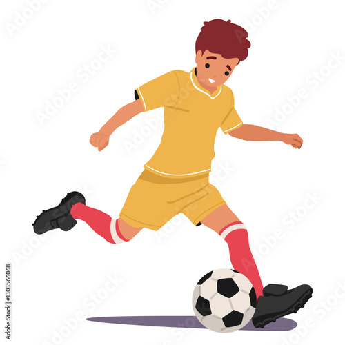 Little boy character running with ball playing football game participating championship tournament