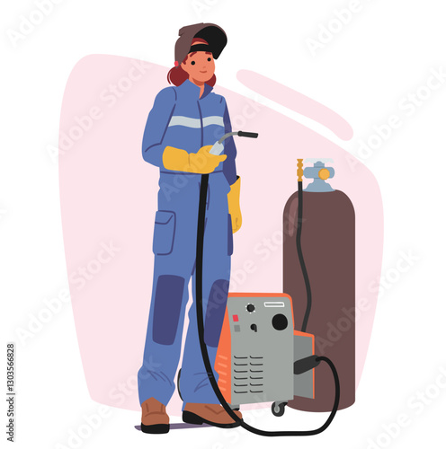 Woman welder cartoon character ready for professional service standing with industrial torch furnace
