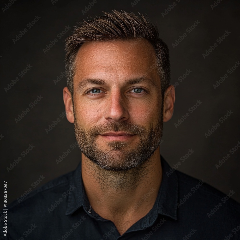 Obraz premium Portrait of a smiling man with short hair and a beard, showcasing confidence in a neutral backdrop