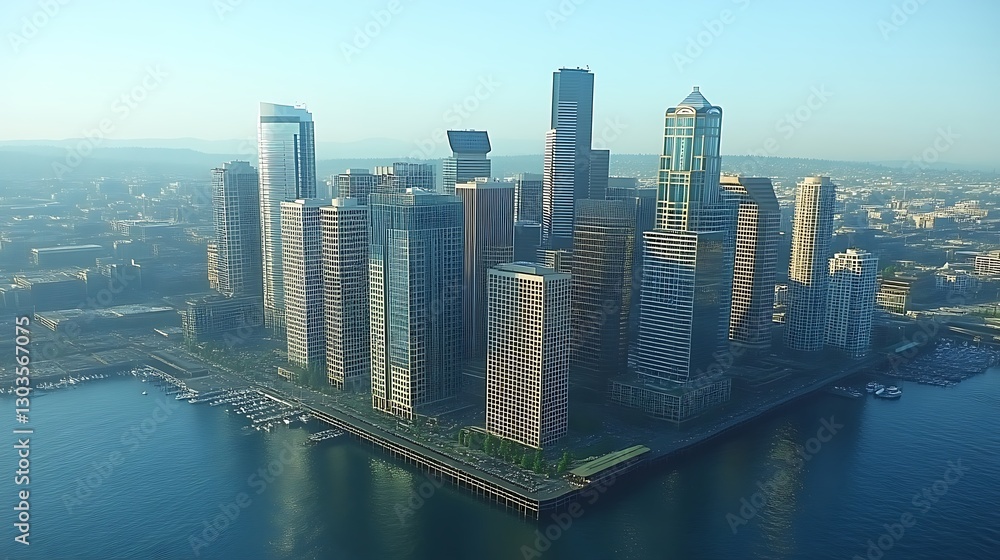 Fototapeta premium City skyline, waterfront. Aerial, morning