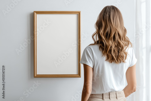 A woman stands looking at a mockup poster frame.