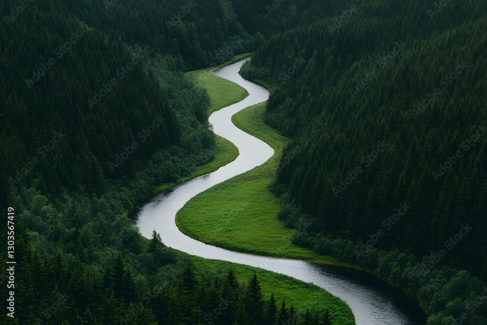 A river carves a path through a lush, green valley, flanked by dense, towering trees. A natural paradise of winding waterways and forest beauty. A river carves a path through a lush, green valley, flanked by dense, towering trees. A natural paradise of winding waterways and forest beauty.