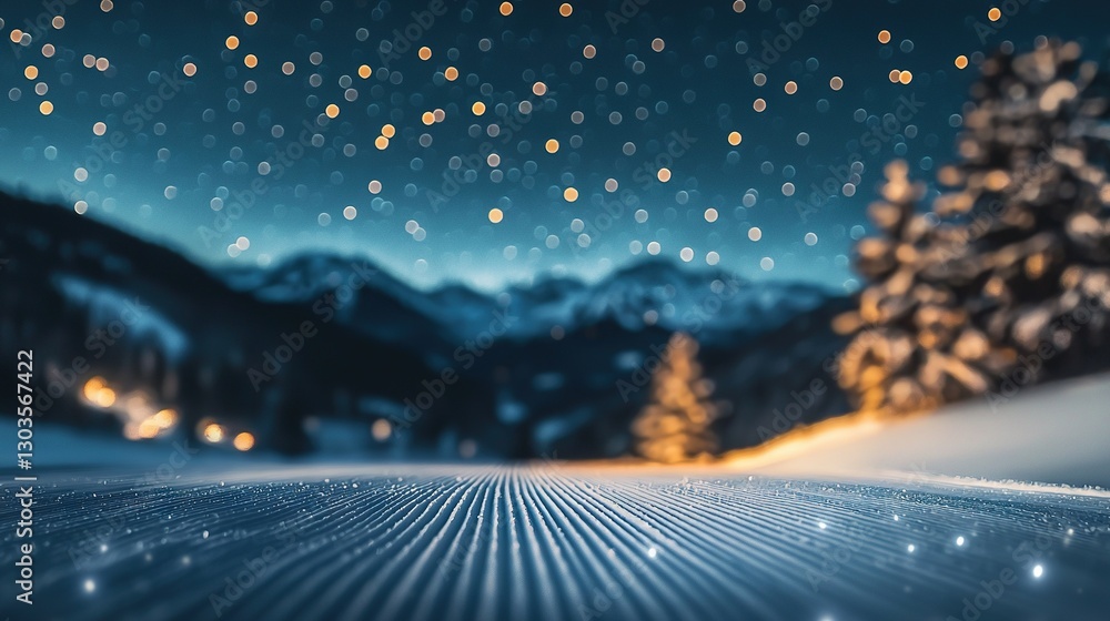 Fototapeta premium a snowy mountain with a pine tree in the foreground and lights in the background