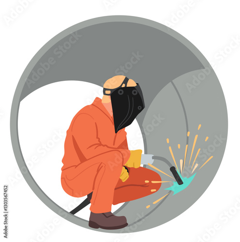 Man welder working in huge pipe welding metal construction soldering steel inner surface scene