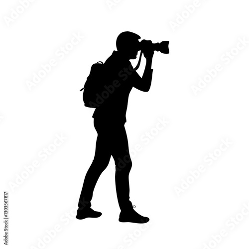 silhouette of a photographer capturing a moment, focusing on his craft, holding a camera 
 with backpack, vector illustration