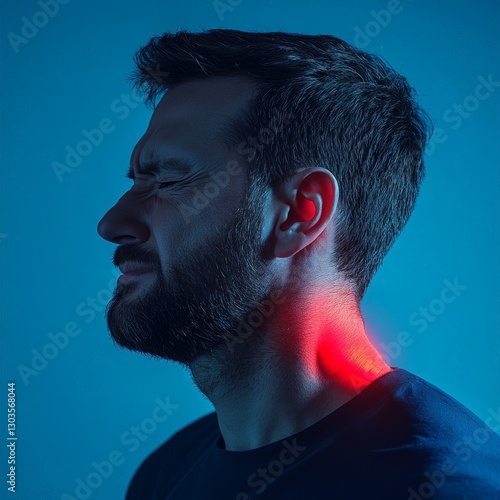 Man experiencing neck pain illuminated by blue and red lighting in a studio setting