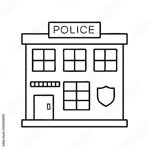 a simple, outlined illustration of a police station with a sign that says 'police' vector illustration