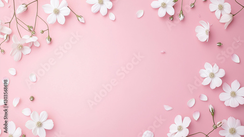 Elegant pink background with white flowers in the corners, creating a minimalist and stylish design. Perfect for a web banner with ample copy space on the right side.