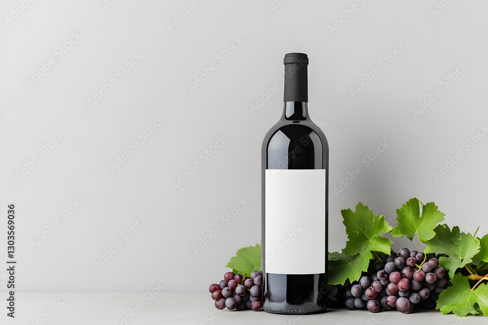 Obraz premium Elegant Still Life: A dark glass wine bottle with a blank label sits beside a bunch of grapes with green leaves, against a simple background.