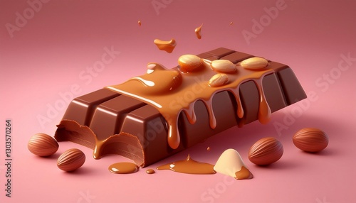 delicious sweet chocolate with nuts and caramel on a bright background
