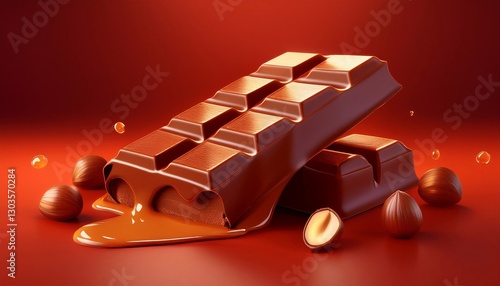 delicious sweet chocolate with nuts and caramel on a bright background