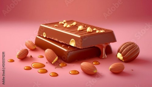 delicious sweet chocolate with nuts and caramel on a bright background
