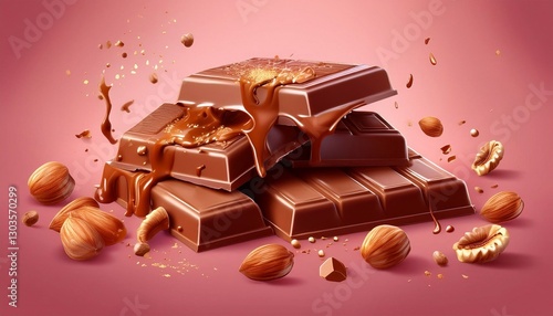 delicious sweet chocolate with nuts and caramel on a bright background