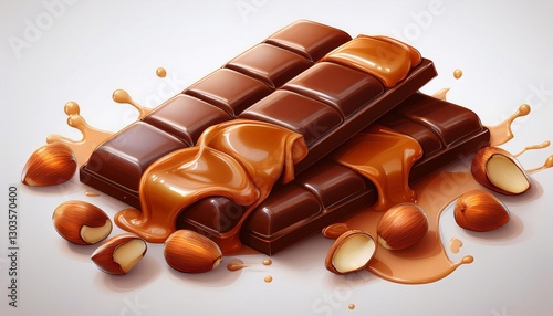 delicious sweet chocolate with nuts and caramel on a bright background