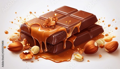 delicious sweet chocolate with nuts and caramel on a bright background
