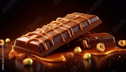 delicious sweet chocolate with nuts and caramel on a bright background
