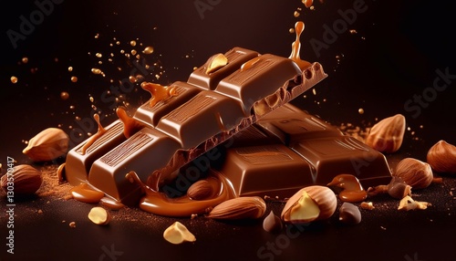 delicious sweet chocolate with nuts and caramel on a bright background