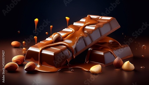 delicious sweet chocolate with nuts and caramel on a bright background
