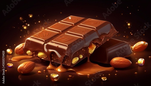 delicious sweet chocolate with nuts and caramel on a bright background