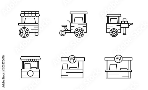 Set of Street retail and wheel market icon, street food stand Symbol Outline icon, Editable Stroke