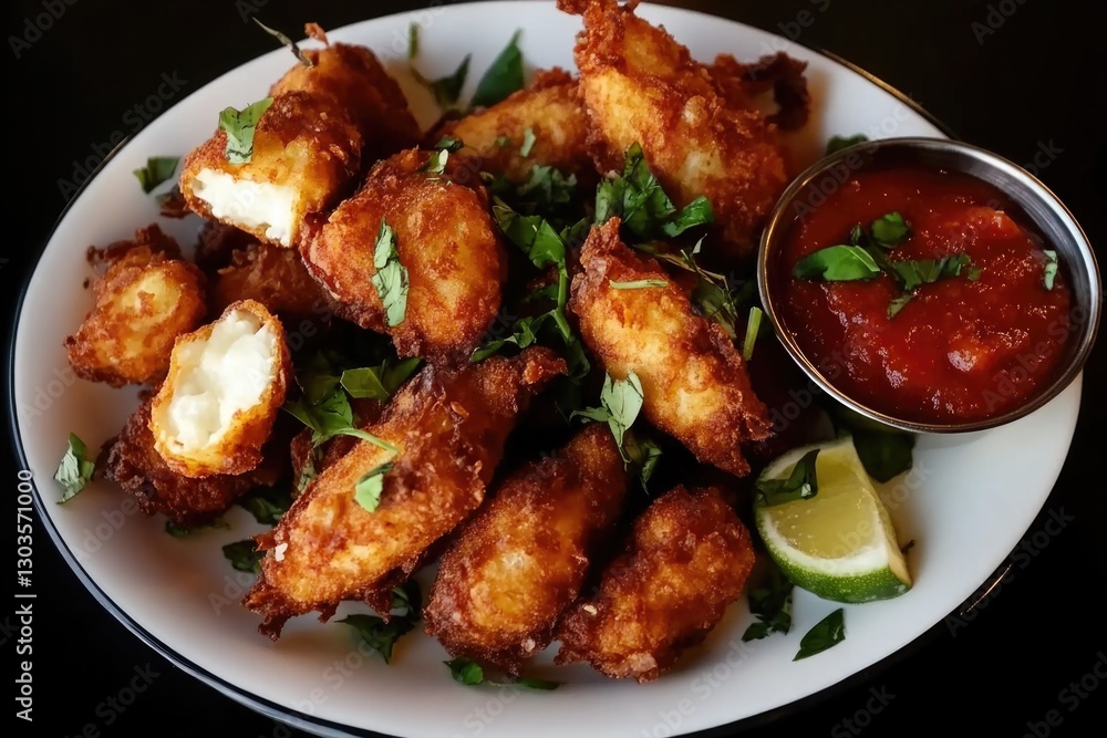 Crispy mozzarella sticks with marinara sauce and lime garnish on plate Crispy mozzarella sticks with marinara sauce and lime garnish on plate