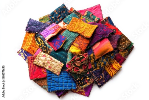 Vibrant collection of handcrafted textiles arranged artistically on a bright background in daylight isolated on transparent background