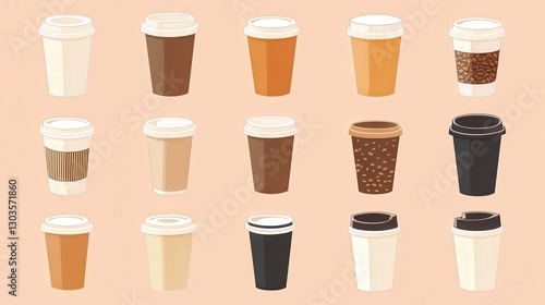 Wallpaper Mural A Collection of Various Cartoon Coffee Cups Displayed in Different Colors and Patterns on a Soft Neutral Background for Use in Design Projects, Menus, or Branding Materials Torontodigital.ca