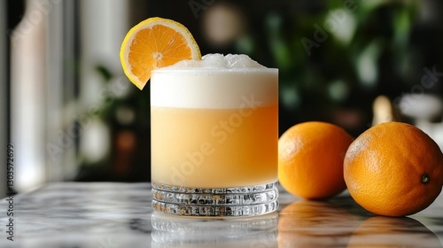 Classic Whiskey Sour with frothy foam and citrus slice. Generative AI photo