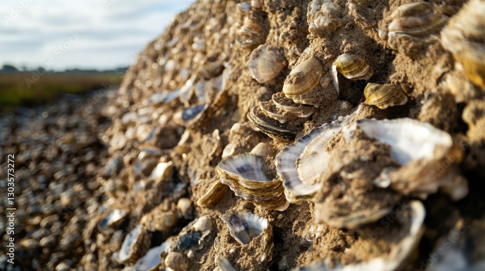 Mounds of broken shells in a natural setting, likely after tide recedes.